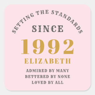 30th Birthday 1992 Elegant Pink Gold Grey Square Sticker