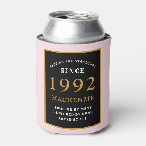 30th Birthday 1992 Name Elegant Black Gold Pink Can Cooler