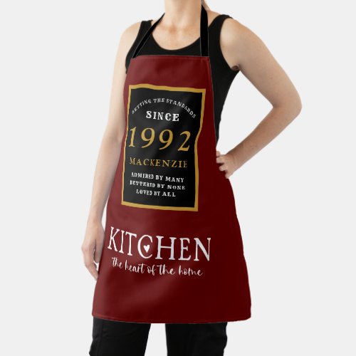 30th Birthday 1992 Name Elegant Black Gold Red Apron