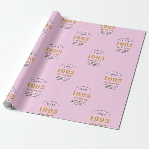 30th Birthday 1993 Add Name Pink Gray Wrapping Paper