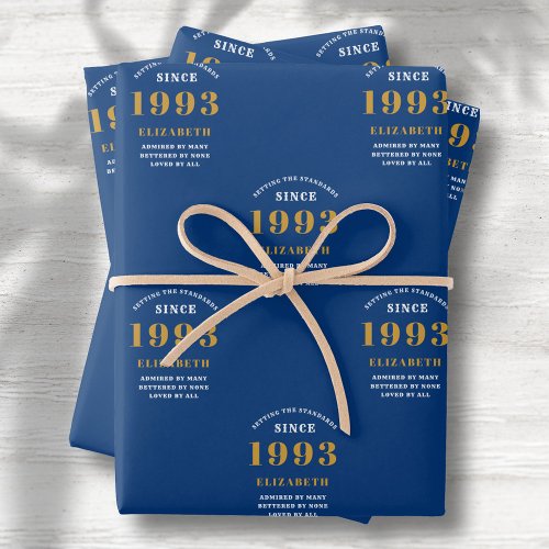30th Birthday 1993 Blue Gold Chic Elegant Wrapping Paper Sheets