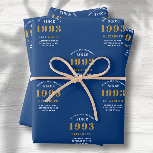 30th Birthday 1993 Blue Gold Chic Elegant Wrapping Paper Sheets (Creator Uploaded)