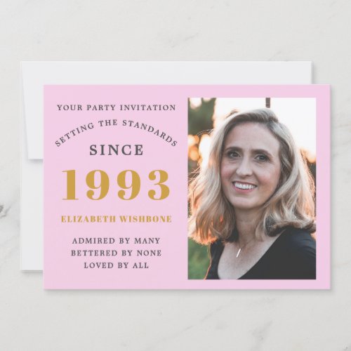30th Birthday 1993 Name Photo Pink Grey Invitation