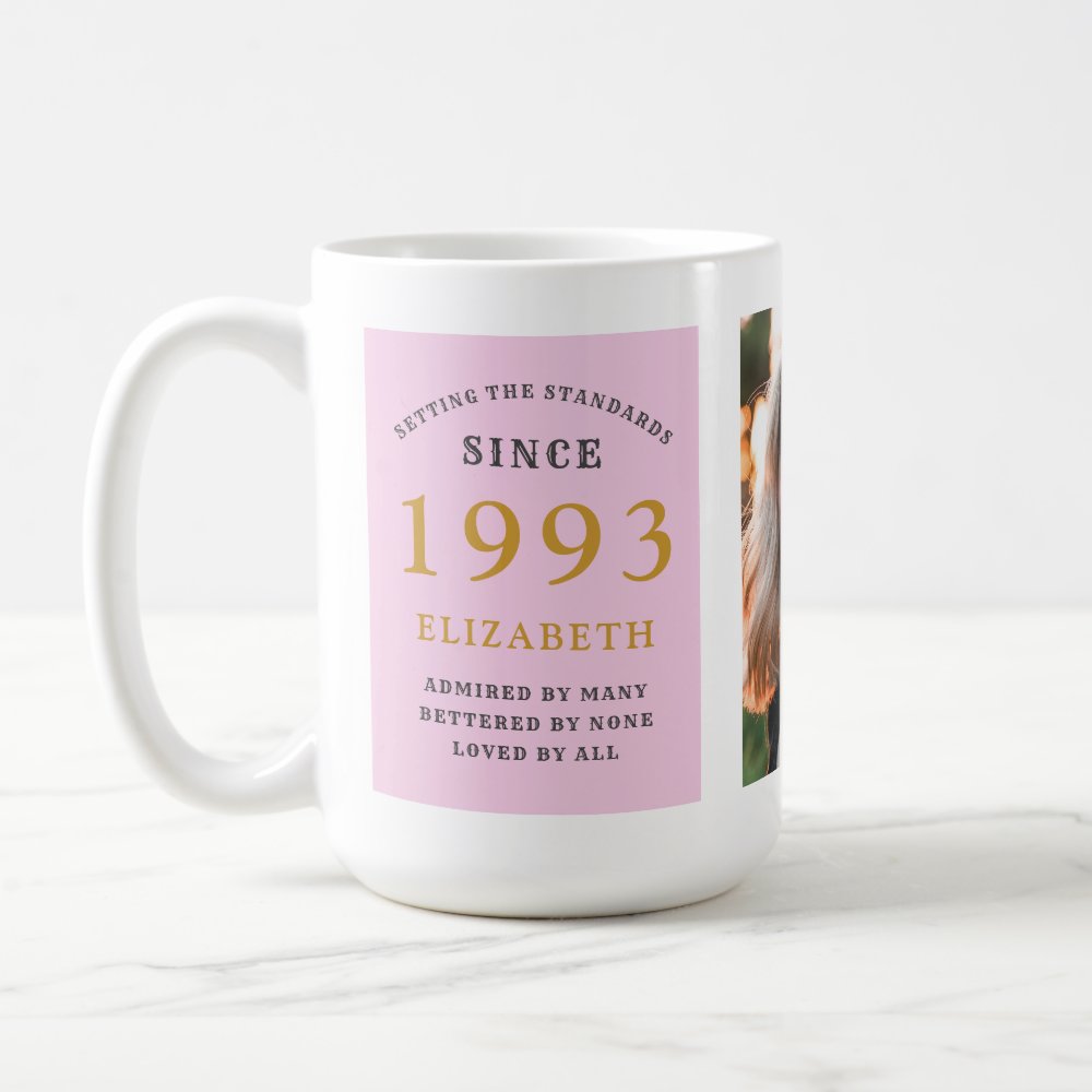 Discover 30th Birthday 1993 Pink Grey Custom Add Name Photo Large Coffee Mug