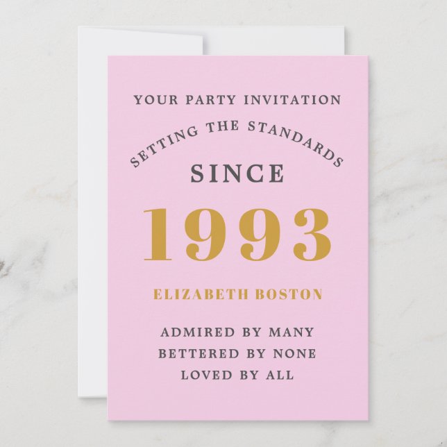 30th Birthday 1993 Pink Grey Add Name Year Invitation (Front)