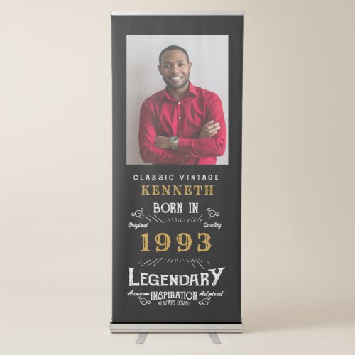 30th Birthday 1993 Vintage Black Gold Name Photo Retractable Banner