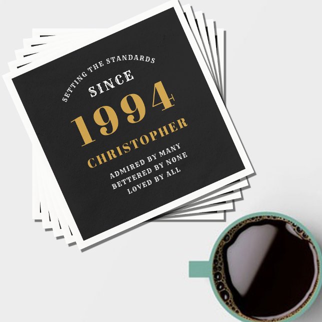 30th Birthday 1994 Black Gold  Napkins (Black and gold personalized 30th birthday paper napkins. )