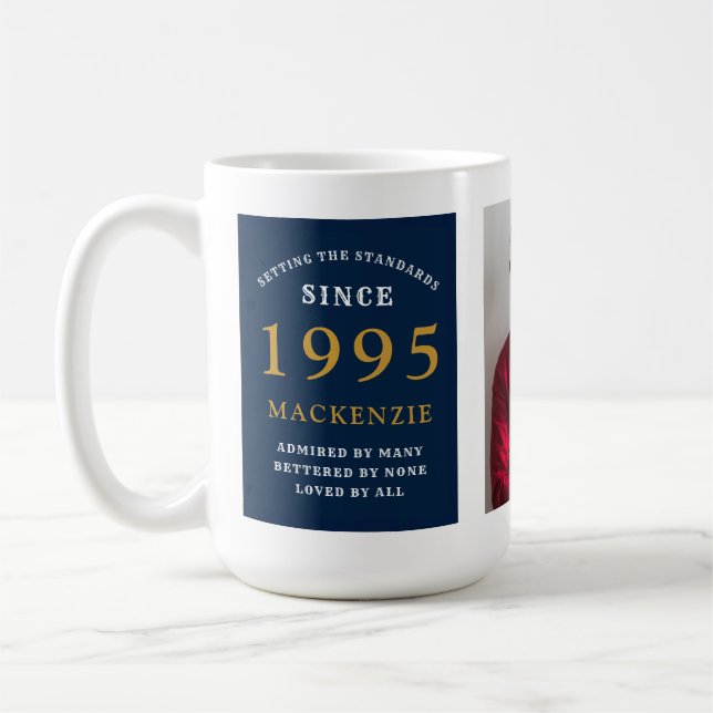 30th Birthday 1995 Blue Gold Add Name Photo Large Coffee Mug (Left)