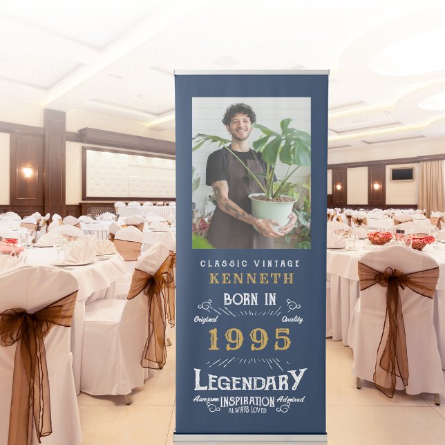30th Birthday 1995 Legend Blue Gold Name Photo Ret Retractable Banner (30th birthday pull up banner)