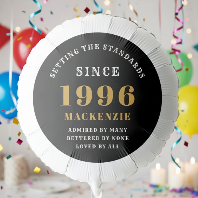 30th Birthday 1996 Add Name Black Gold Balloon (Born 1996 birthday balloon. Party background.)