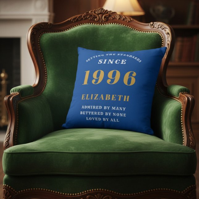 30th Birthday 1996 Add Name Blue Gold Personalized Throw Pillow (1996 blue throw pillow on a green velvet chair.)
