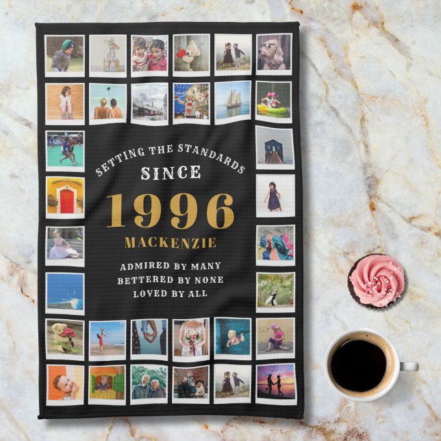 30th Birthday 1996 Family Memories Photo Collage  Kitchen Towel (1996 Kitchen towel. Marble background.)