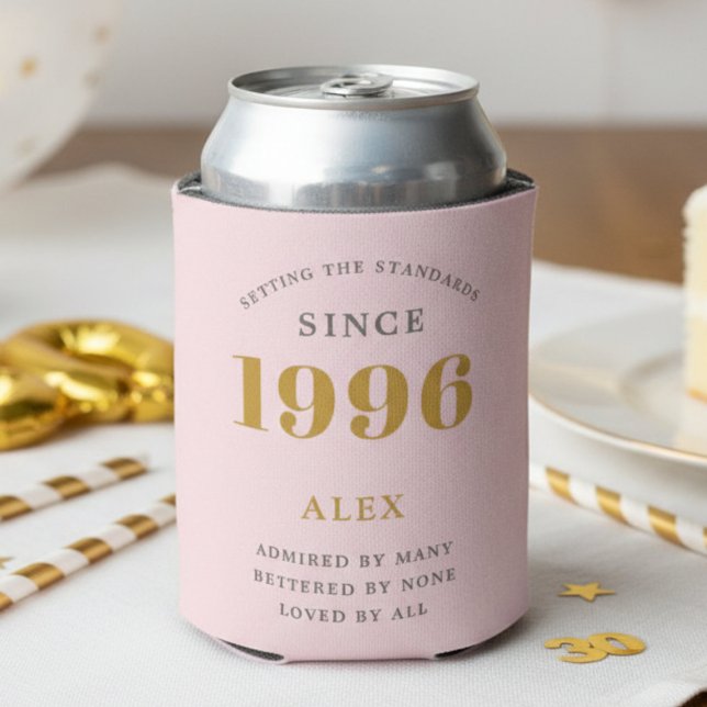 30th Birthday 1996 Keepsake Elegant Personalized Can Cooler (1996 pink can cooler with white background)