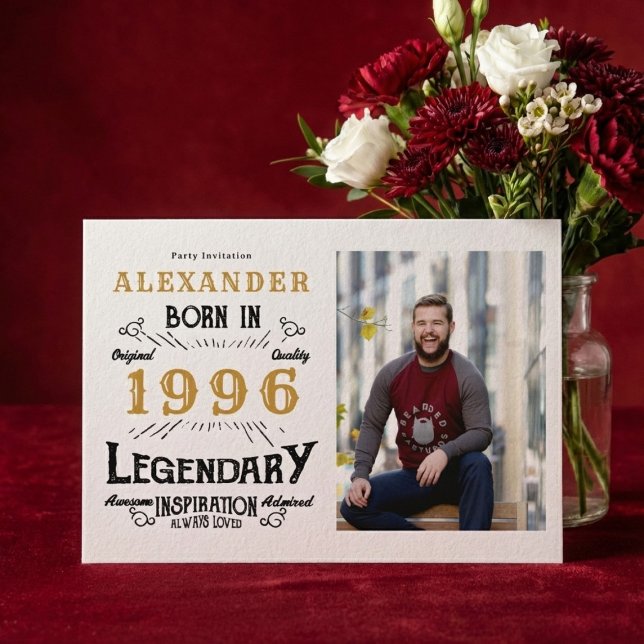 30th Birthday 1996 Legend White & Gold Photo Invitation (Born 1996 birthday invitation.)
