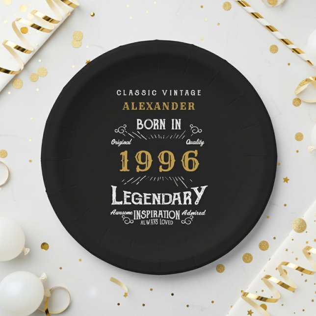 30th Birthday 1996 Legendary Retro Paper Plates (1996 black paper plate on a white and gold background)