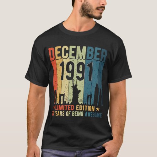 30th Birthday 30 Years Old Vintage December 1991 m T_Shirt