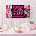 30th Birthday 7 photos name pink black Banner<br><div class="desc">Cheers to 30 years, 30th Birthday pink text, name and seven photos banner. Fun bright thirtieth birthday banner, personalize with a photograph of the birthday girl in the middle of the number 0 and add your own six photos around the edge. Great idea for adding some fun to a pink...</div>