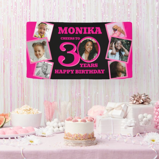 30th Birthday 7 photos name pink black Banner (Party)