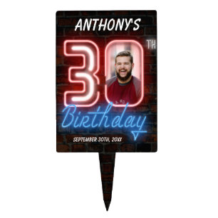 30th Birthday 80s Retro Neon Sign Custom Photo Cake Topper
