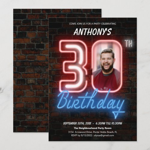 30th Birthday 80s Retro Neon Sign Custom Photo