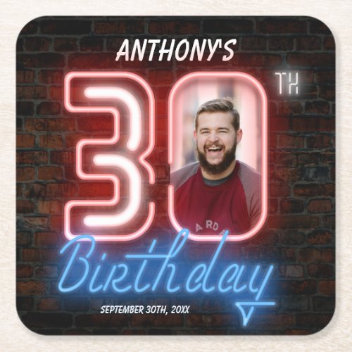 30th Birthday 80s Retro Neon Vintage Custom Photo Square Paper Coaster