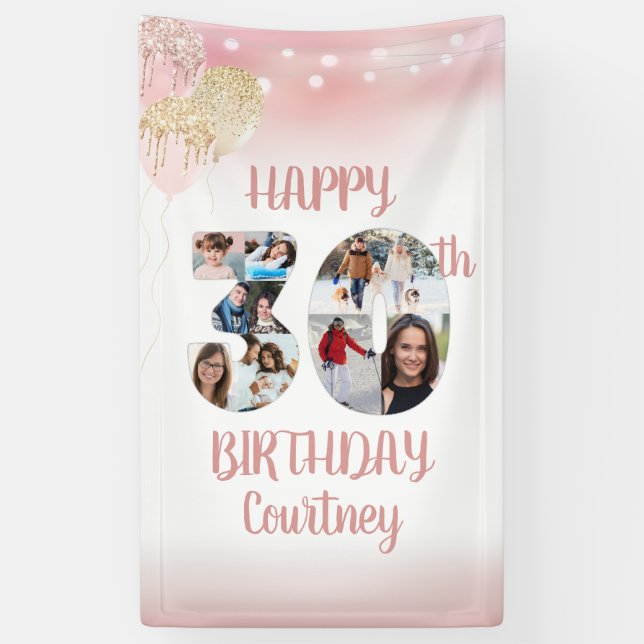 30th Birthday 8 Photo Collage Numbers Rose Gold Banner (Vertical)