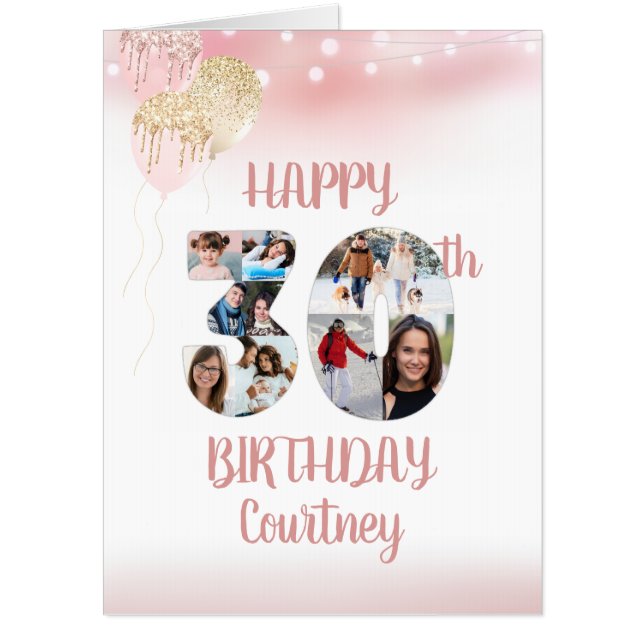 30th Birthday 8 Photo Collage Numbers Rose Gold Card (Front)