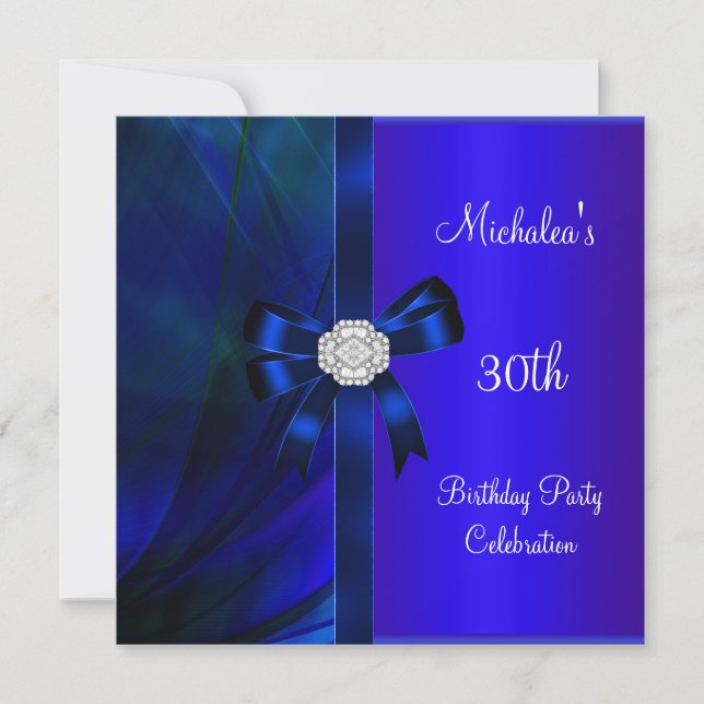30th Birthday Abstract Blue Diamond Bow Invitation (Front)