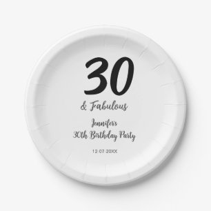30th birthday add name date year black paper plates