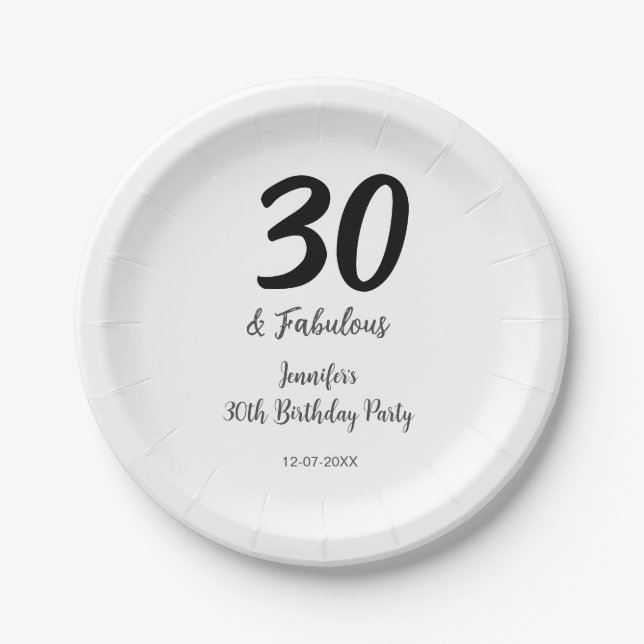 30th birthday add name date year black  paper plates (Front)