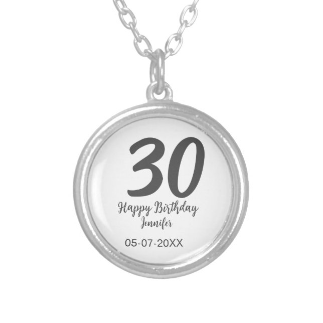 30th birthday add name date year black template  silver plated necklace (Front)