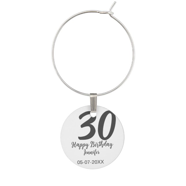 30th birthday add name date year black template  wine charm (Front)
