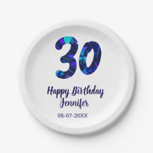 30th birthday add name date year blue sparkle paper plates