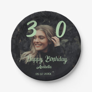 30th birthday add name date year green pastel bold paper plates