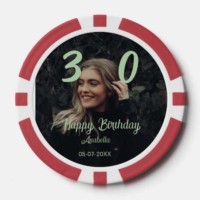 30th birthday add name date year green pastel bold poker chips (Front)