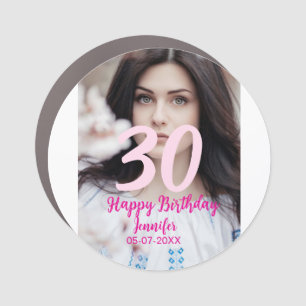 30th birthday add name date year white photo car magnet