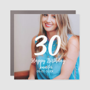 30th birthday add name date year white photo car magnet