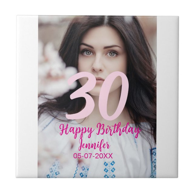 30th birthday add name date year white photo ceramic tile (Front)