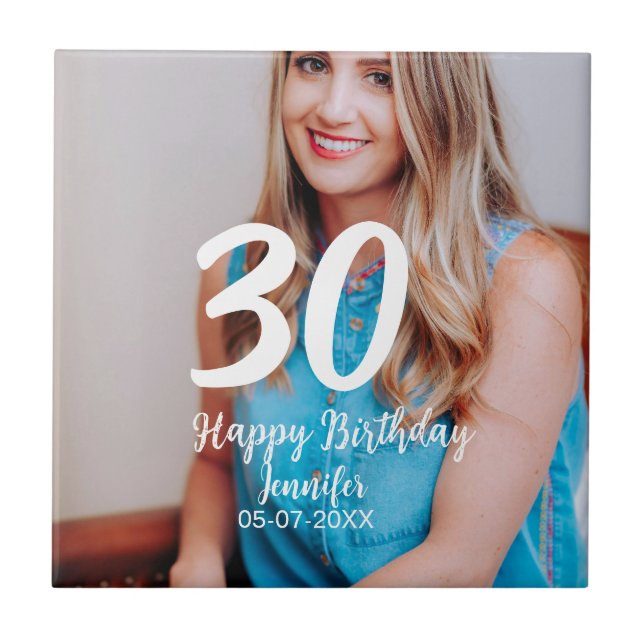 30th birthday add name date year white photo ceramic tile (Front)