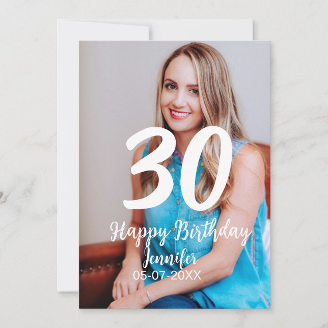 30th birthday add name date year white photo holiday card (Front)