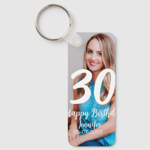 30th birthday add name date year white photo keychain