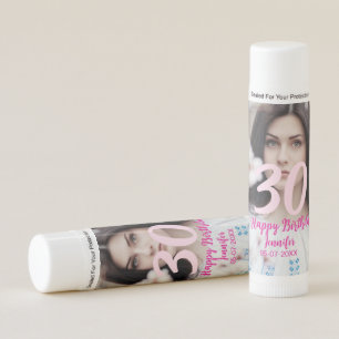 30th birthday add name date year white photo lip balm