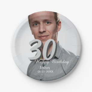 30th birthday add name date year white photo paper plates