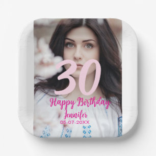 30th birthday add name date year white photo paper plates