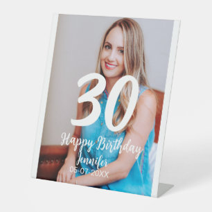 30th birthday add name date year white photo pedestal sign