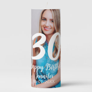 30th birthday add name date year white photo pillar candle