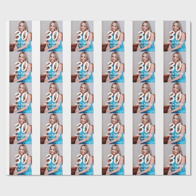 30th birthday add name date year white photo wrapping paper (Flat)