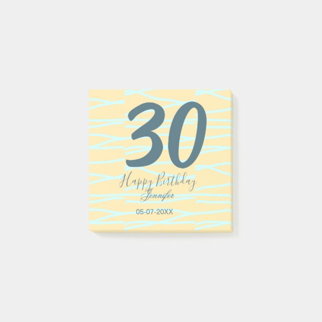 30th birthday add name date year yellow blue paste post-it notes (Front)