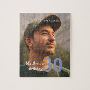 30th birthday add name photo date man blue white jigsaw puzzle