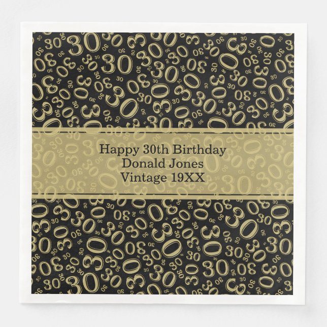 30th Birthday Age Number Pattern Gold/Black Paper Dinner Napkins (Front)